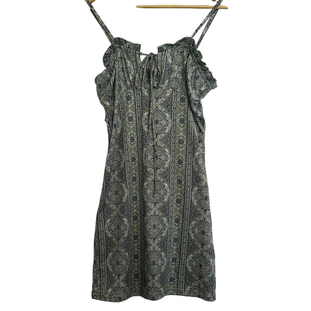 Blush BJ Mini Dress Women Large Green Paisley Ruffle Tie Front Sleeveless D4137S